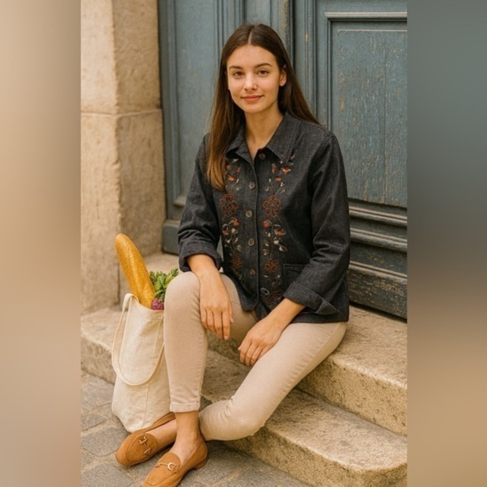 Alia petites embroidered button down denim jacket w/ front pockets  🌿🌺🌸🍃